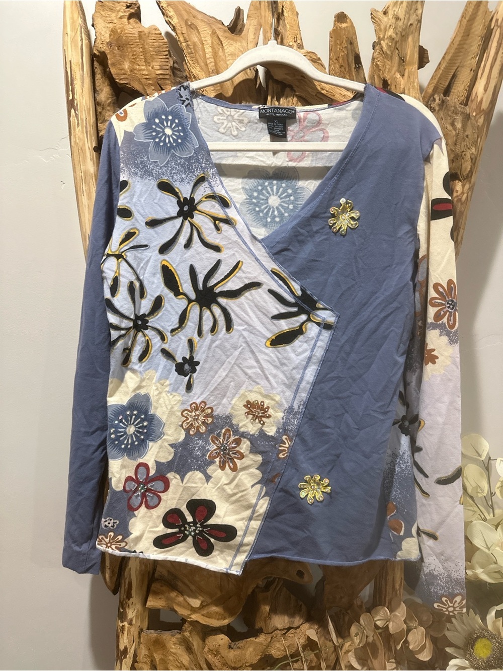 Montanaco Floral Wrap Long-Sleeve Top in Periwinkle Blue
